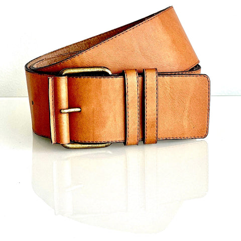Wide Waist Cinch Belt in Natural Apple Leather from Bhava