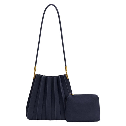 Carrie Navy Pleated Vegan Suede Shoulder Bag from Melie Bianco