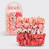 Ruched Satin Scrunchies 5 pc Set in Cherry Blossom