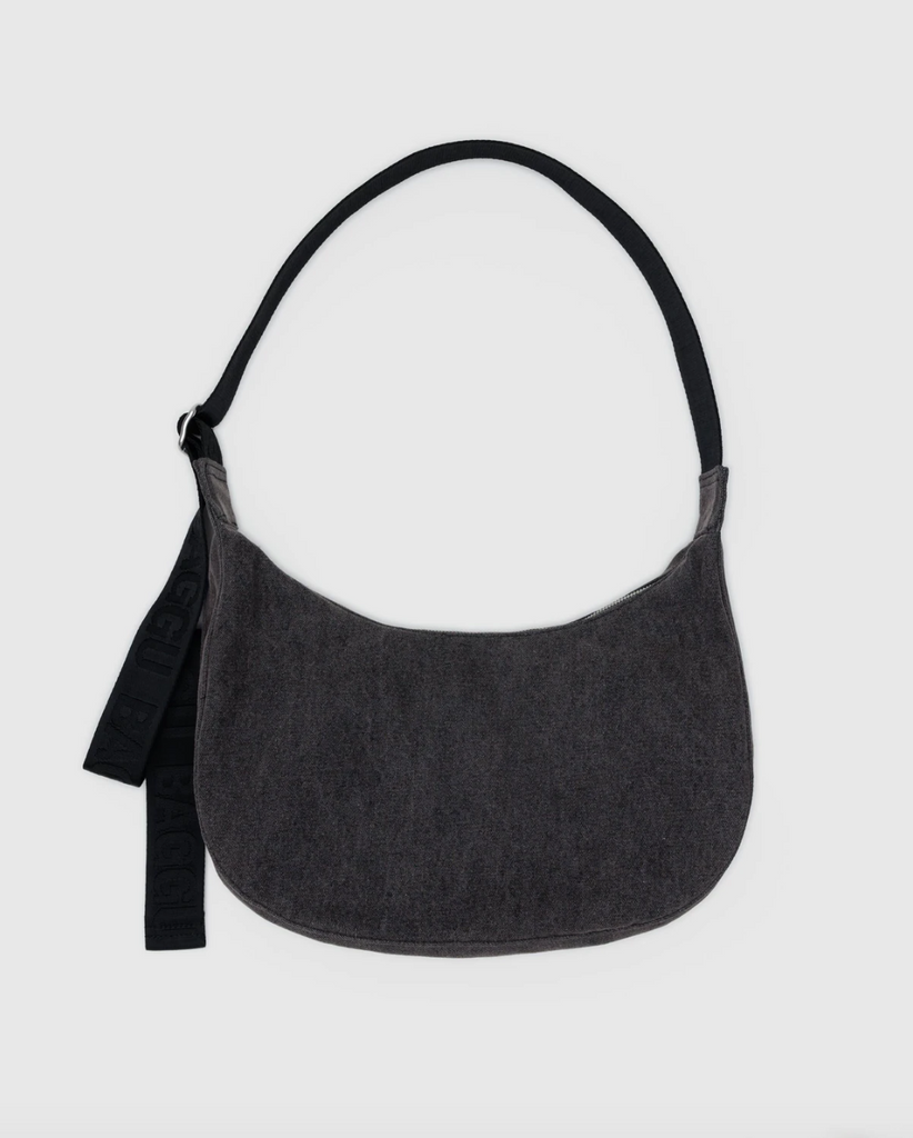 Medium Washed Denim Crescent Bag in Black from BAGGU