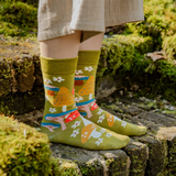 Mushroom Menagerie Organic Cotton Crew Socks in Moss Green from Zkano