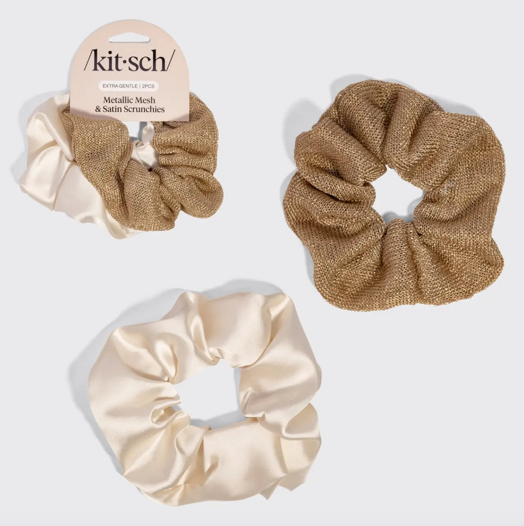Metallic Mesh and Recycled Fabric Satin Scrunchies 2pc Set in Cream & Gold from Kitsch