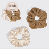 Metallic Mesh and Recycled Fabric Satin Scrunchies 2pc Set in Cream & Gold from Kitsch