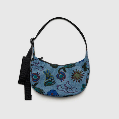 Small Nylon Crescent Bag in Denim Birds from BAGGU