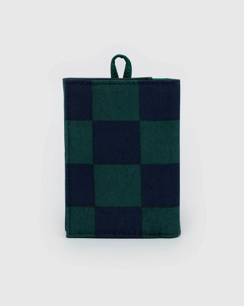 Snap Wallet in Navy Green Check Recycled Nylon from BAGGU