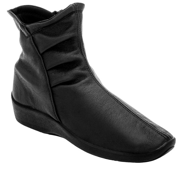 Black slouchy bootie, ankle height. Black vegan leather, inside zipper closure, black rubber sole.