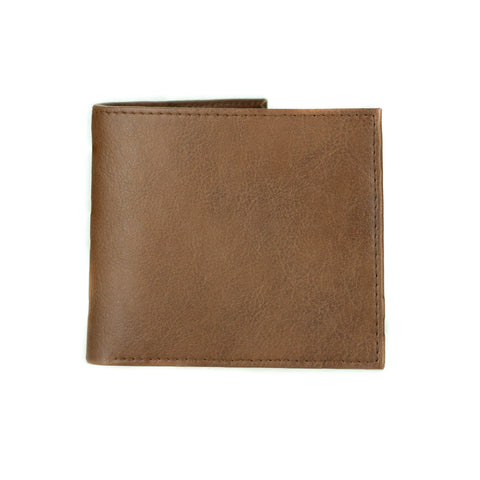A closed bifold wallet in tan vegan leather.