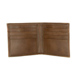 An open bifold wallet in tan vegan leather, 4 card slots on each side, cash slot in center.