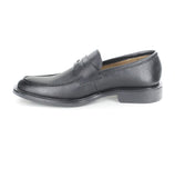 Slip on dress loafer in black vegan leather. Beige lining. Black rubber sole. Slightly squared toe.