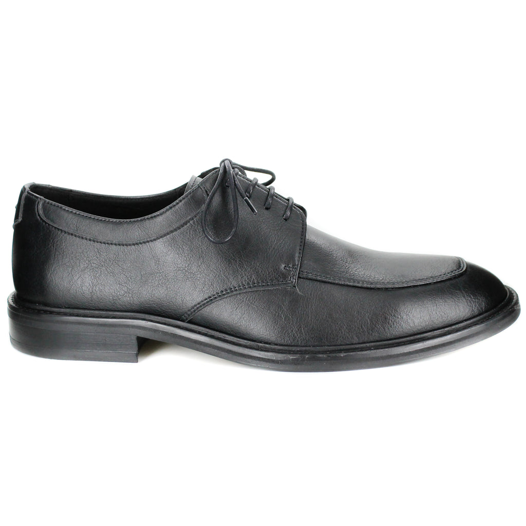 A black vegan leather men's dress shoe, lace up with 4 eyelets. Squared toe shape. Black lining and sole.
