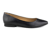 Simple flat with a pointed toe in black vegan leather. Black sole and tan cotton lining.