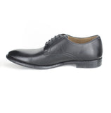 A classic and simple black vegan leather dress shoe. Lace up with 5 eyelets. Black rubber sole. Beige lining. Rounded toe.